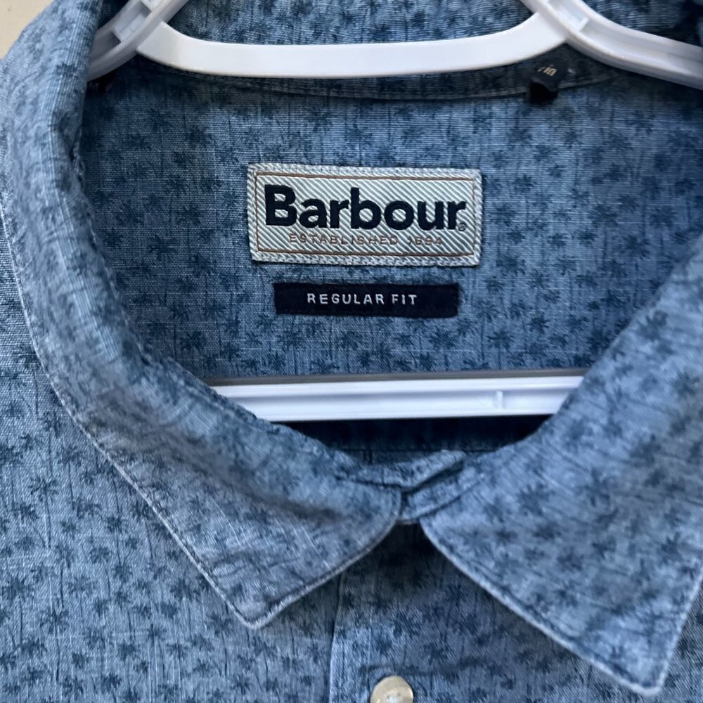 Barbour Mens Mini Palm Trees Shirt Chambray M LT/PASBLUE Size MEDIUM S/S - Picture 2 of 6